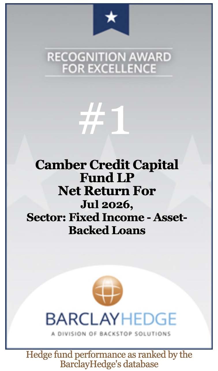 BarclayHedge Recognition Award for Excellence: Camber Credit Capital Fund LP ranked number 1 by net return for July 2026 in the Fixed Income &ndash; Asset-Backed Loans category.