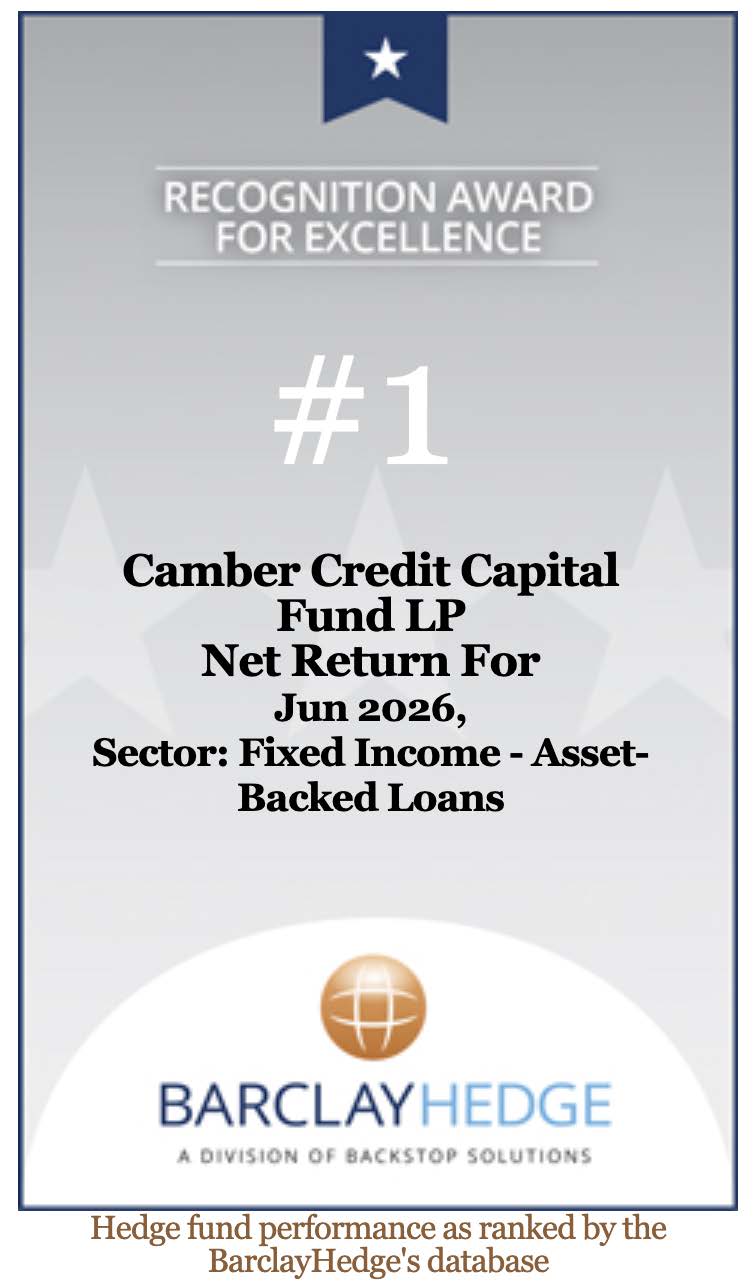 BarclayHedge Recognition Award for Excellence: Camber Credit Capital Fund LP ranked number 1 by net return for June 2026 in the Fixed Income &ndash; Asset-Backed Loans category.
